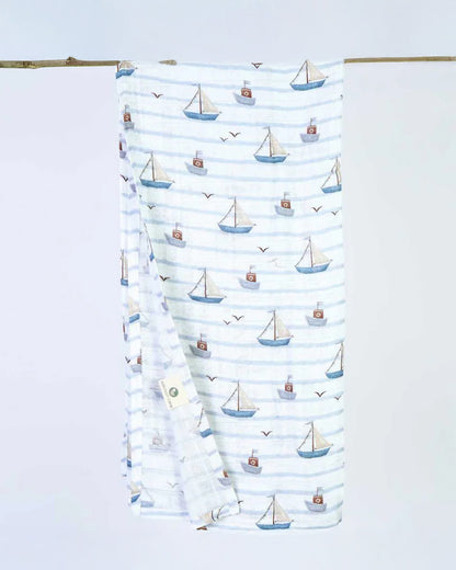Cocoon Care By The Sea Bamboo Muslin Swaddle-Blue & White-Infant Wraps