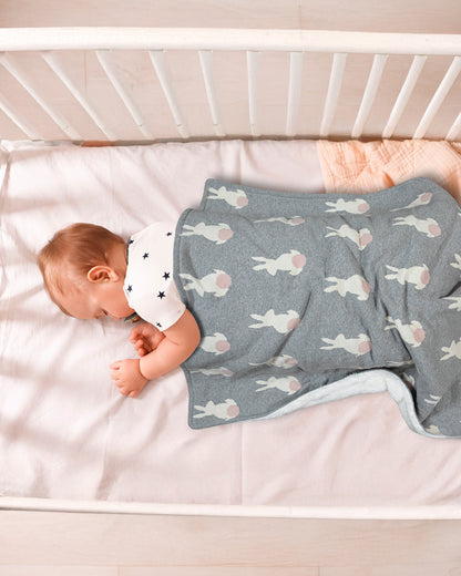 Pomme Cute Rabbit Knitted Ultra Soft Sherpa Blanket-100% Cotton-Grey-For Infants