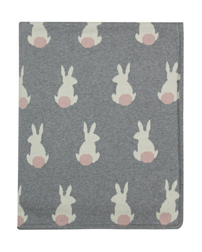 Pomme Cute Rabbit Knitted Ultra Soft Sherpa Blanket-100% Cotton-Grey-For Infants