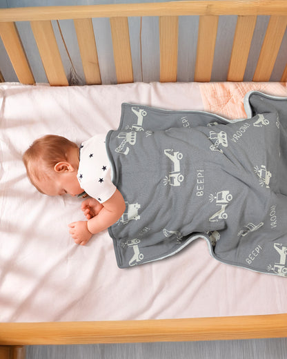 Pomme Cute Construction Vehicle Knitted Ultra Soft Sherpa Blanket-100% Cotton-Grey-For Infants