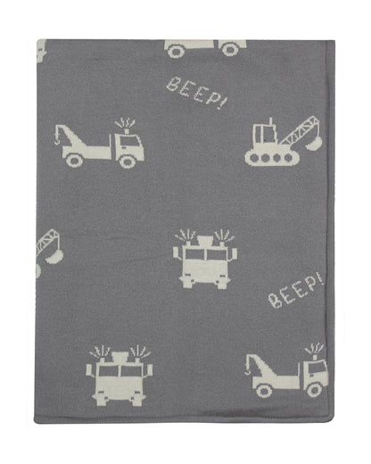 Pomme Cute Construction Vehicle Knitted Ultra Soft Sherpa Blanket-100% Cotton-Grey-For Infants