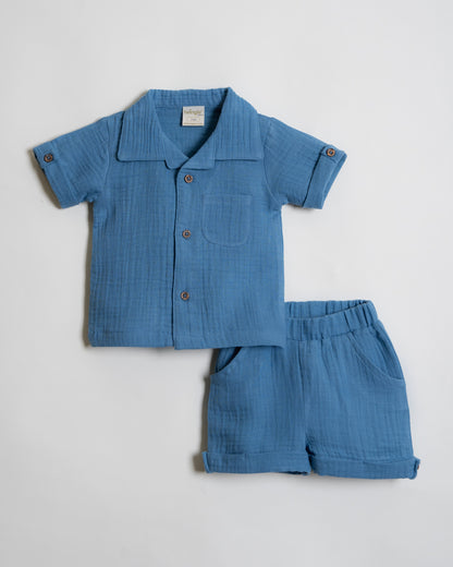 Twingle 100% Organic Muslin Shirt & Shorts Set-Functional Pocket-Adjustable Waistband-Cobalt Blue-Solid-For Infants