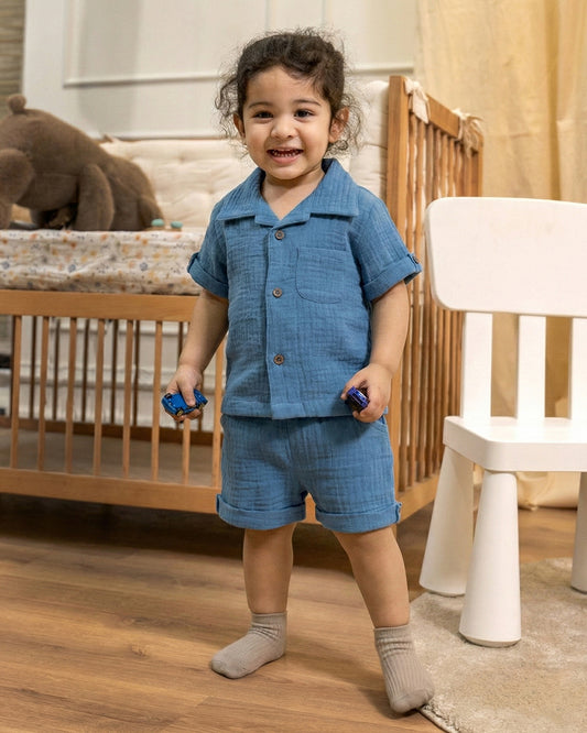 Twingle 100% Organic Muslin Shirt & Shorts Set-Functional Pocket-Adjustable Waistband-Cobalt Blue-Solid-For Infants