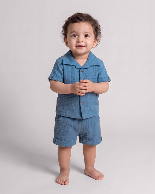 Twingle 100% Organic Muslin Shirt & Shorts Set-Lightweight & Breathable Fabric-Functional Pockets-Soft Elasticated Waistband-Short Sleeves-Solid-Cobalt Blue-For Infants