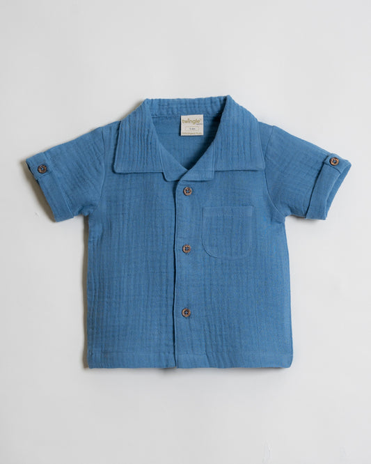 Twingle 100% Organic Muslin Shirt & Shorts Set-Functional Pocket-Adjustable Waistband-Cobalt Blue-Solid-For Infants