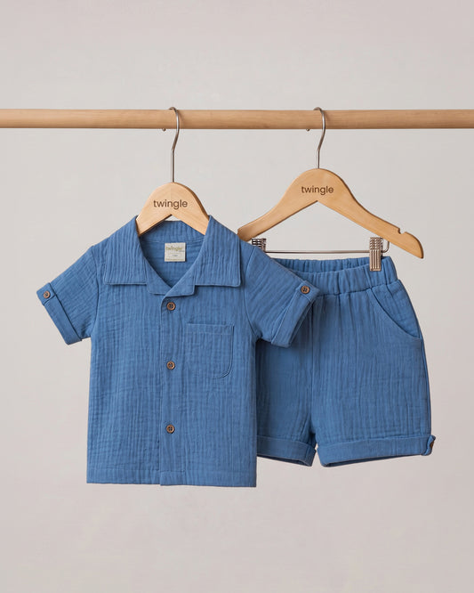Twingle 100% Organic Muslin Shirt & Shorts Set-Lightweight & Breathable Fabric-Functional Pockets-Soft Elasticated Waistband-Short Sleeves-Solid-Cobalt Blue-For Infants