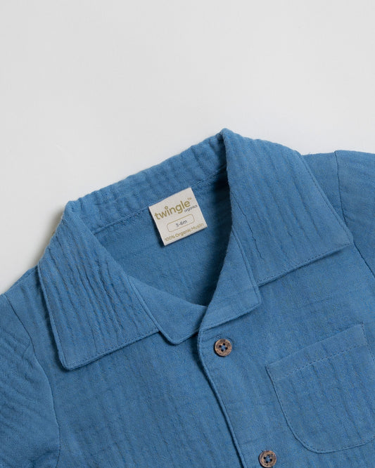 Twingle 100% Organic Muslin Shirt & Shorts Set-Functional Pocket-Adjustable Waistband-Cobalt Blue-Solid-For Infants