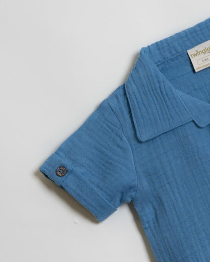 Twingle 100% Organic Muslin Shirt & Shorts Set-Functional Pocket-Adjustable Waistband-Cobalt Blue-Solid-For Infants