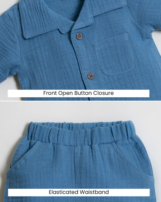 Twingle 100% Organic Muslin Shirt & Shorts Set-Lightweight & Breathable Fabric-Functional Pockets-Soft Elasticated Waistband-Short Sleeves-Solid-Cobalt Blue-For Infants