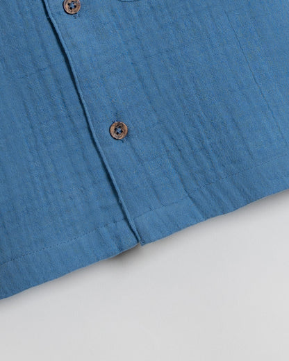 Twingle 100% Organic Muslin Shirt & Shorts Set-Functional Pocket-Adjustable Waistband-Cobalt Blue-Solid-For Infants