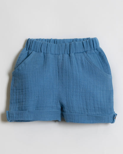 Twingle 100% Organic Muslin Shirt & Shorts Set-Functional Pocket-Adjustable Waistband-Cobalt Blue-Solid-For Infants