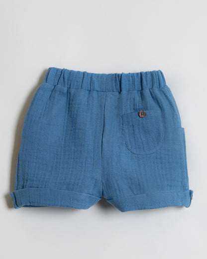 Twingle 100% Organic Muslin Shirt & Shorts Set-Functional Pocket-Adjustable Waistband-Cobalt Blue-Solid-For Infants