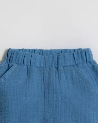 Twingle 100% Organic Muslin Shirt & Shorts Set-Functional Pocket-Adjustable Waistband-Cobalt Blue-Solid-For Infants