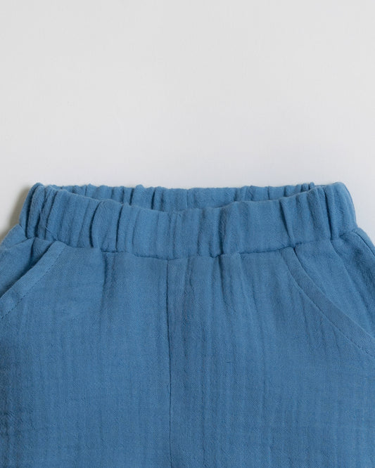 Twingle 100% Organic Muslin Shirt & Shorts Set-Functional Pocket-Adjustable Waistband-Cobalt Blue-Solid-For Infants