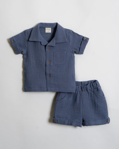 Twingle 100% Organic Muslin Shirt & Shorts Set-Functional Pocket-Adjustable Waistband-Navy Blue-Solid-For Infants