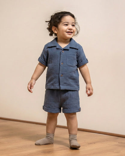 Twingle 100% Organic Muslin Shirt & Shorts Set-Functional Pocket-Adjustable Waistband-Navy Blue-Solid-For Infants