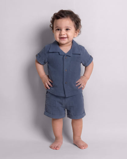 Twingle 100% Organic Muslin Shirt & Shorts Set-Lightweight & Breathable Fabric-Functional Pockets-Soft Elasticated Waistband-Short Sleeves-Solid-Navy Blue-For Infants