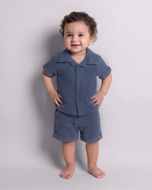 Twingle 100% Organic Muslin Shirt & Shorts Set-Lightweight & Breathable Fabric-Functional Pockets-Soft Elasticated Waistband-Short Sleeves-Solid-Navy Blue-For Infants