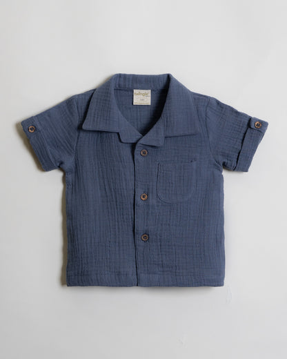 Twingle 100% Organic Muslin Shirt & Shorts Set-Functional Pocket-Adjustable Waistband-Navy Blue-Solid-For Infants