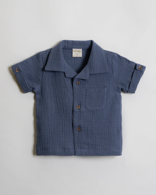 Twingle 100% Organic Muslin Shirt & Shorts Set-Functional Pocket-Adjustable Waistband-Navy Blue-Solid-For Infants