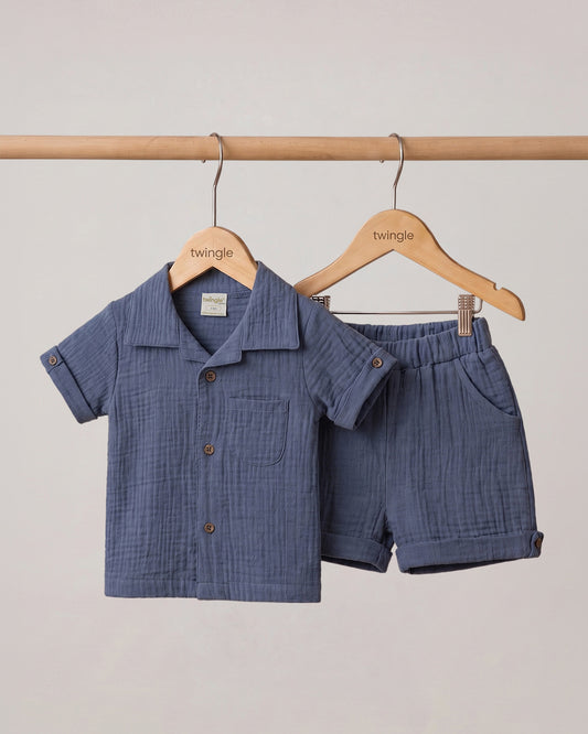 Twingle 100% Organic Muslin Shirt & Shorts Set-Lightweight & Breathable Fabric-Functional Pockets-Soft Elasticated Waistband-Short Sleeves-Solid-Navy Blue-For Infants