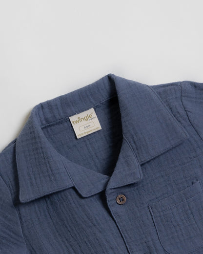 Twingle 100% Organic Muslin Shirt & Shorts Set-Functional Pocket-Adjustable Waistband-Navy Blue-Solid-For Infants