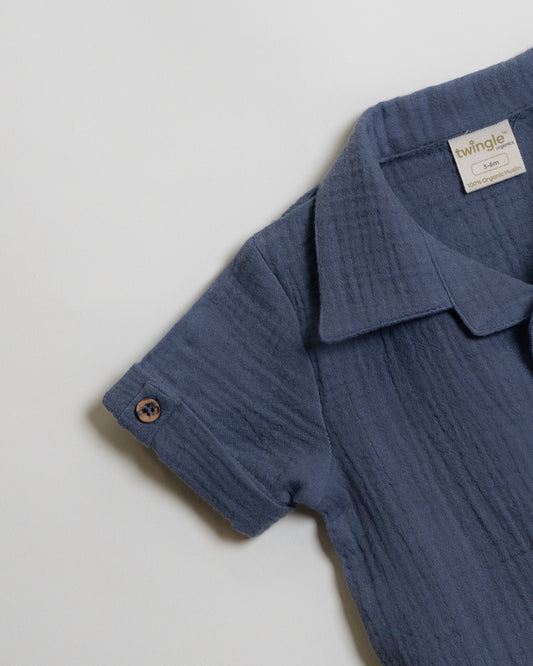 Twingle 100% Organic Muslin Shirt & Shorts Set-Functional Pocket-Adjustable Waistband-Navy Blue-Solid-For Infants