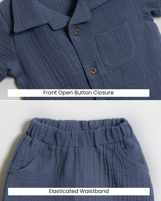 Twingle 100% Organic Muslin Shirt & Shorts Set-Lightweight & Breathable Fabric-Functional Pockets-Soft Elasticated Waistband-Short Sleeves-Solid-Navy Blue-For Infants