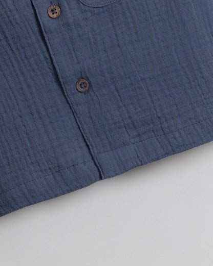 Twingle 100% Organic Muslin Shirt & Shorts Set-Functional Pocket-Adjustable Waistband-Navy Blue-Solid-For Infants