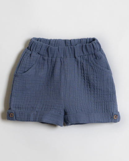 Twingle 100% Organic Muslin Shirt & Shorts Set-Functional Pocket-Adjustable Waistband-Navy Blue-Solid-For Infants