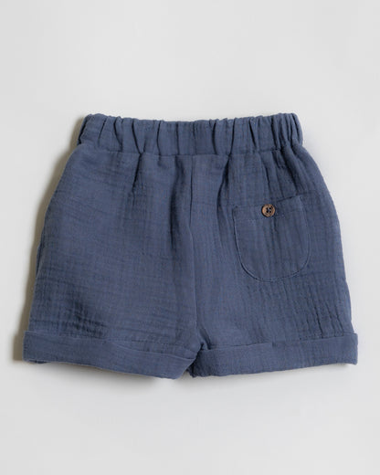 Twingle 100% Organic Muslin Shirt & Shorts Set-Functional Pocket-Adjustable Waistband-Navy Blue-Solid-For Infants