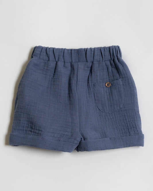 Twingle 100% Organic Muslin Shirt & Shorts Set-Functional Pocket-Adjustable Waistband-Navy Blue-Solid-For Infants