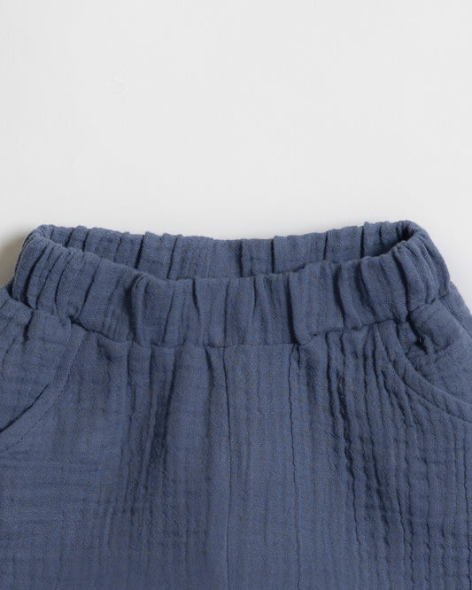 Twingle 100% Organic Muslin Shirt & Shorts Set-Functional Pocket-Adjustable Waistband-Navy Blue-Solid-For Infants