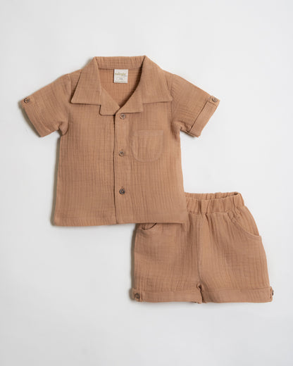 Twingle 100% Organic Muslin Shirt & Shorts Set-Functional Pocket-Adjustable Waistband-Tan-Solid-For Infants
