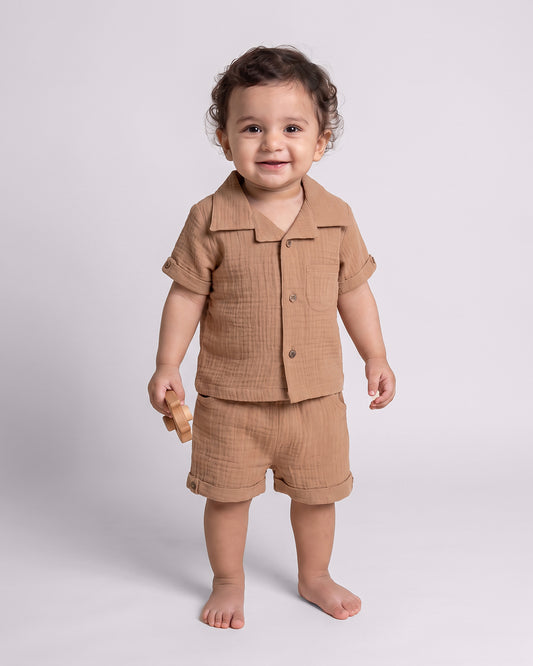 Twingle 100% Organic Muslin Shirt & Shorts Set-Lightweight & Breathable Fabric-Functional Pockets-Soft Elasticated Waistband-Short Sleeves-Solid-Tan-For Infants