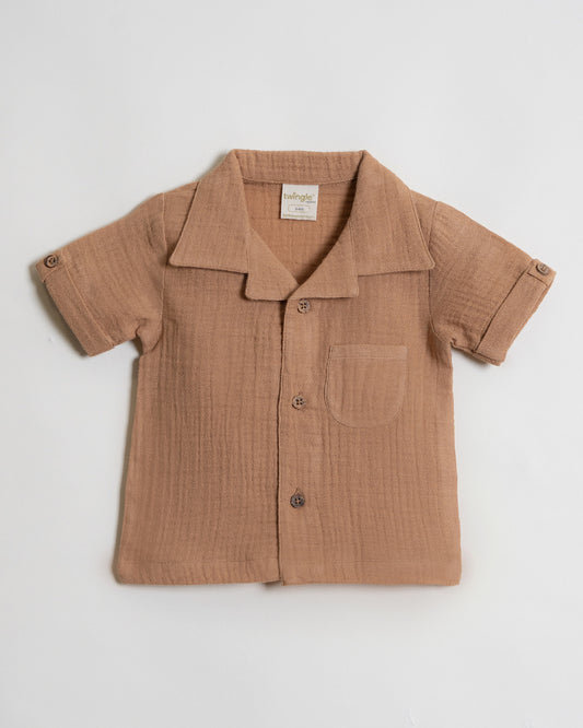 Twingle 100% Organic Muslin Shirt & Shorts Set-Functional Pocket-Adjustable Waistband-Tan-Solid-For Infants