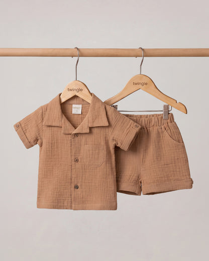 Twingle 100% Organic Muslin Shirt & Shorts Set-Lightweight & Breathable Fabric-Functional Pockets-Soft Elasticated Waistband-Short Sleeves-Solid-Tan-For Infants