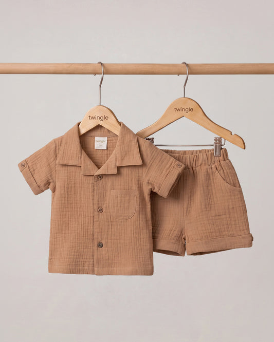 Twingle 100% Organic Muslin Shirt & Shorts Set-Lightweight & Breathable Fabric-Functional Pockets-Soft Elasticated Waistband-Short Sleeves-Solid-Tan-For Infants