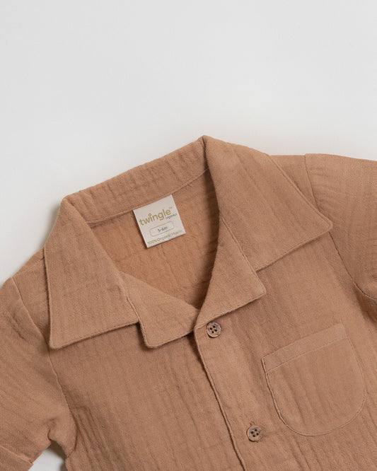 Twingle 100% Organic Muslin Shirt & Shorts Set-Functional Pocket-Adjustable Waistband-Tan-Solid-For Infants