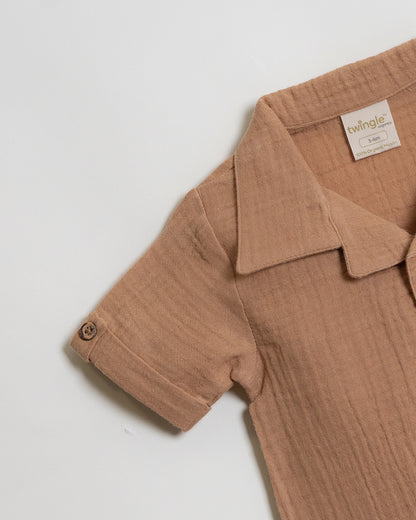 Twingle 100% Organic Muslin Shirt & Shorts Set-Functional Pocket-Adjustable Waistband-Tan-Solid-For Infants