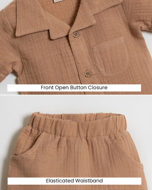 Twingle 100% Organic Muslin Shirt & Shorts Set-Lightweight & Breathable Fabric-Functional Pockets-Soft Elasticated Waistband-Short Sleeves-Solid-Tan-For Infants