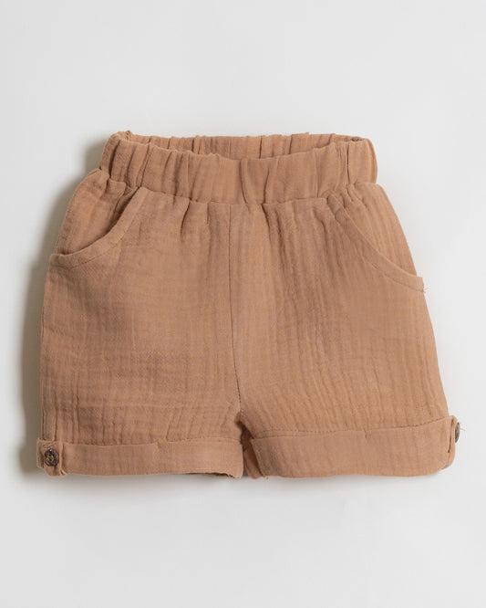 Twingle 100% Organic Muslin Shirt & Shorts Set-Functional Pocket-Adjustable Waistband-Tan-Solid-For Infants