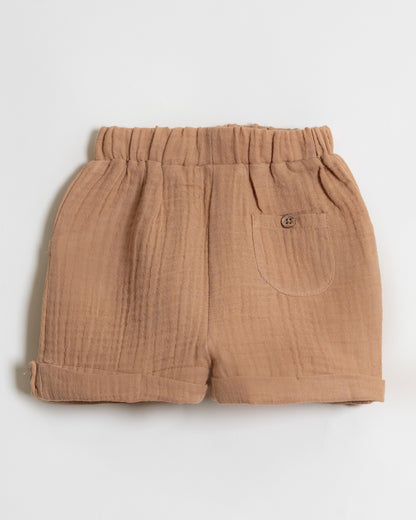 Twingle 100% Organic Muslin Shirt & Shorts Set-Functional Pocket-Adjustable Waistband-Tan-Solid-For Infants