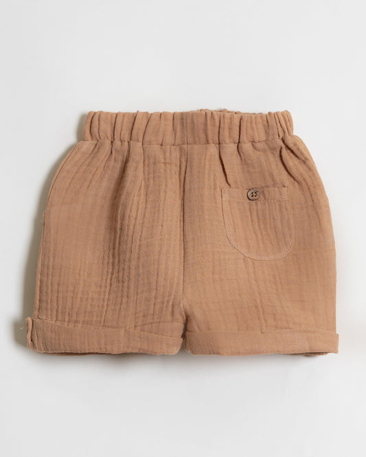 Twingle 100% Organic Muslin Shirt & Shorts Set-Functional Pocket-Adjustable Waistband-Tan-Solid-For Infants