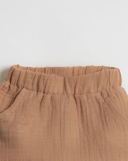 Twingle 100% Organic Muslin Shirt & Shorts Set-Functional Pocket-Adjustable Waistband-Tan-Solid-For Infants