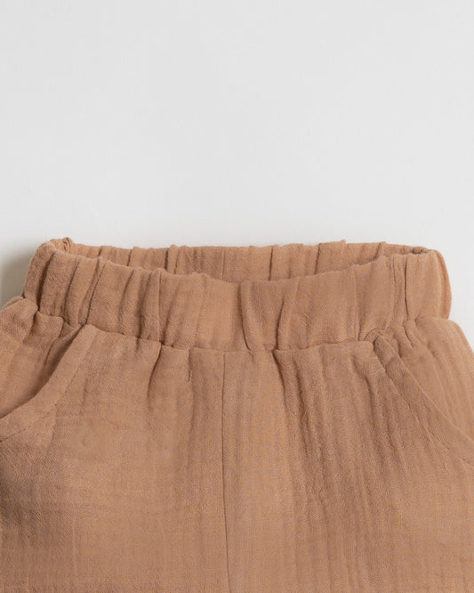 Twingle 100% Organic Muslin Shirt & Shorts Set-Functional Pocket-Adjustable Waistband-Tan-Solid-For Infants