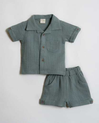 Twingle 100% Organic Muslin Shirt & Shorts Set-Functional Pocket-Adjustable Waistband-Sage Green-Solid-For Infants