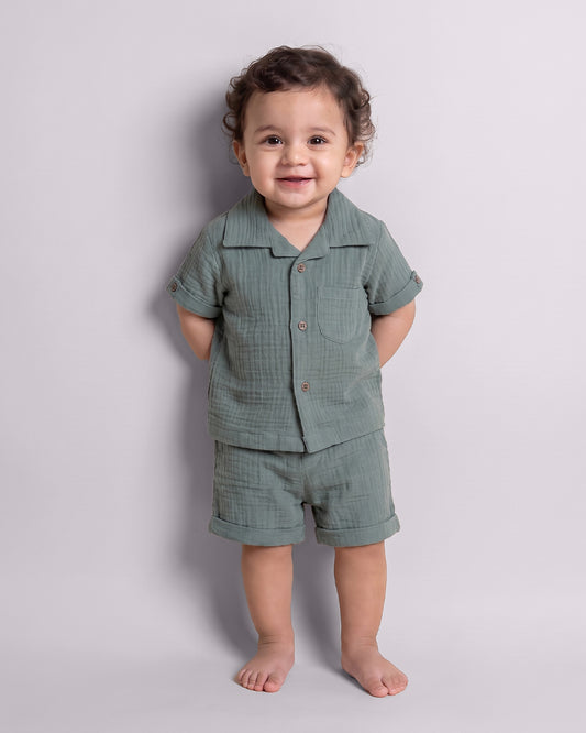 Twingle 100% Organic Muslin Shirt & Shorts Set-Lightweight & Breathable Fabric-Functional Pockets-Soft Elasticated Waistband-Short Sleeves-Solid-Sage Green-For Infants