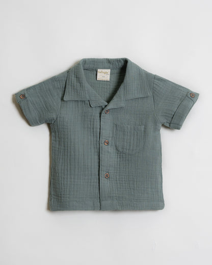Twingle 100% Organic Muslin Shirt & Shorts Set-Functional Pocket-Adjustable Waistband-Sage Green-Solid-For Infants