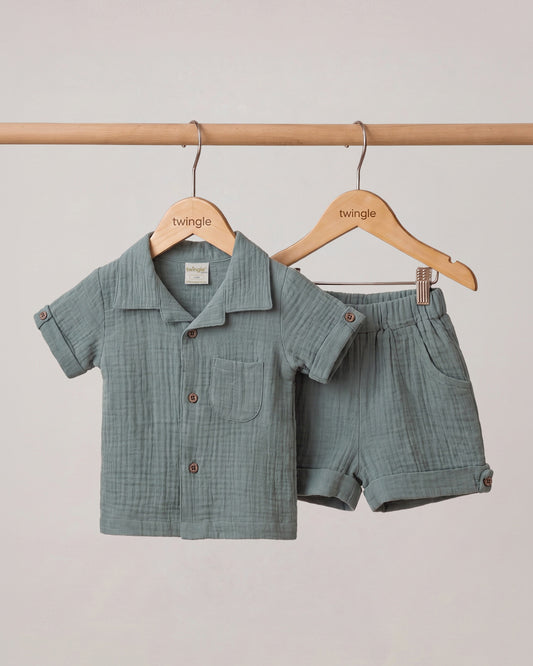 Twingle 100% Organic Muslin Shirt & Shorts Set-Lightweight & Breathable Fabric-Functional Pockets-Soft Elasticated Waistband-Short Sleeves-Solid-Sage Green-For Infants